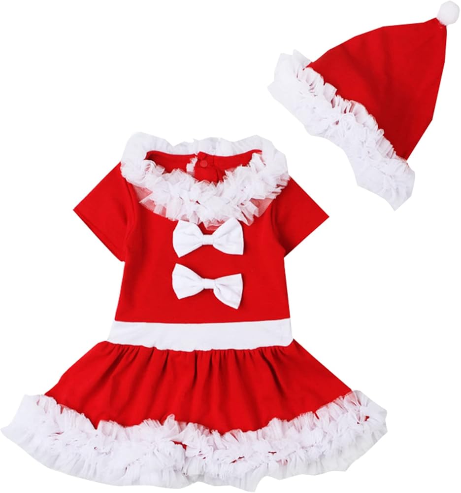 Toddler Girls Short Sleeve Christmas Red Lace Dress With Hat 2PCS Outfits Clothes Set Xmas Sweatpants Outfits for