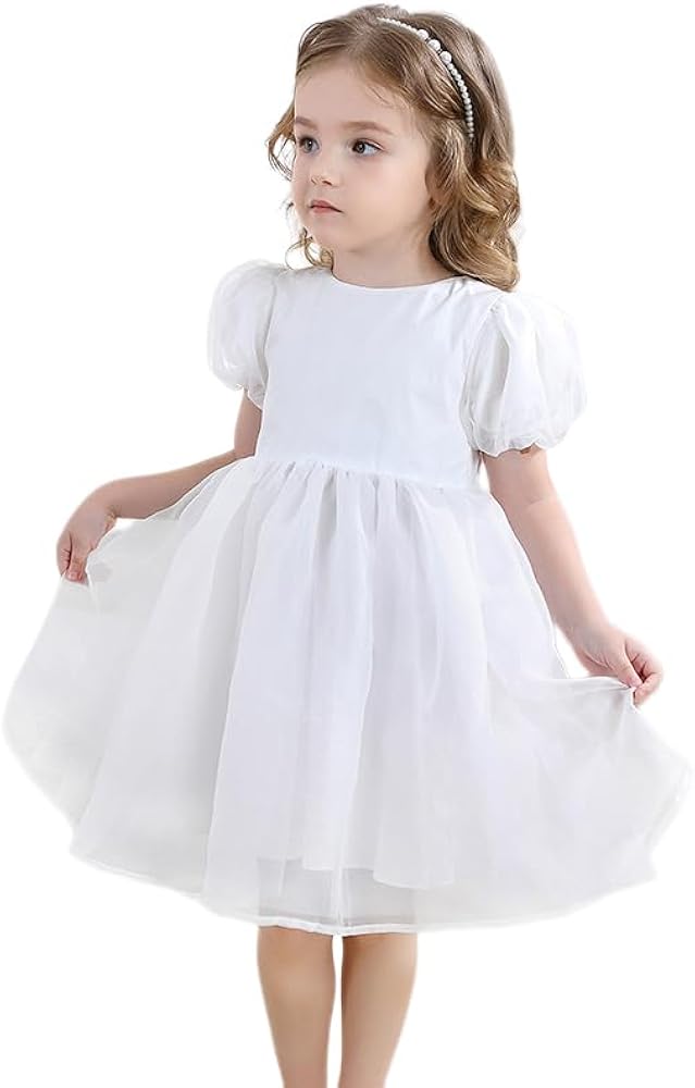 Girls Puff Sleeve Birthday Dress Toddler Tulle Tutu Short Sleeve Party Dressy Flower Girls Dresses for Wedding 1-8Y