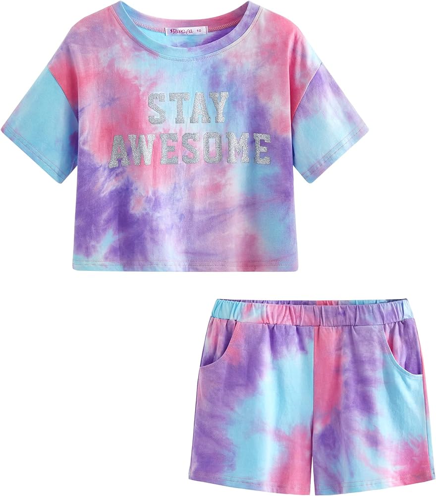 Topgal 100% Cotton Tie Dye Crop Top & Shorts Clothes Set Outfit for Big Girls Size 6-18