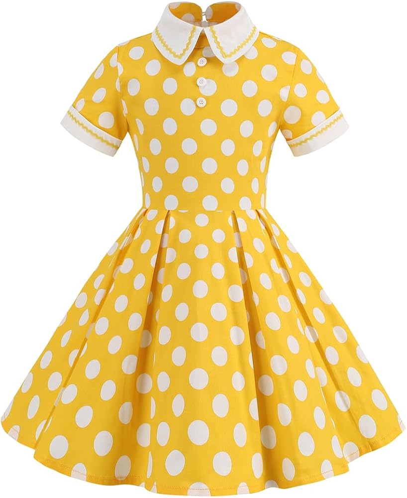 Kids Girls Vintage Polka Dot 50's Girls Dress Short Sleeve Turn-down Collar Swing Dress Party Dress