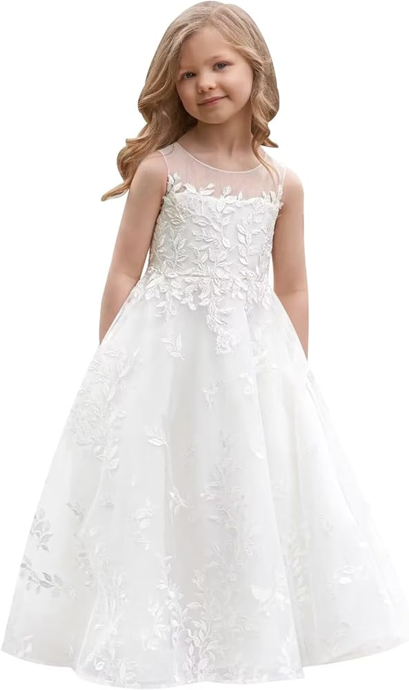 Tulle First Communion Dress Lace Appliques Flower Girl Dresses for Wedding Girls Pageant Ball Gown