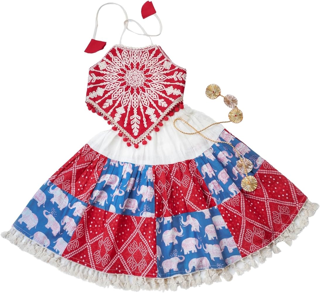 Kids Girls Red Elephant Design Lehenga Choli Set for Wedding, Indian Festive Ethnic Wear 3-5 Years