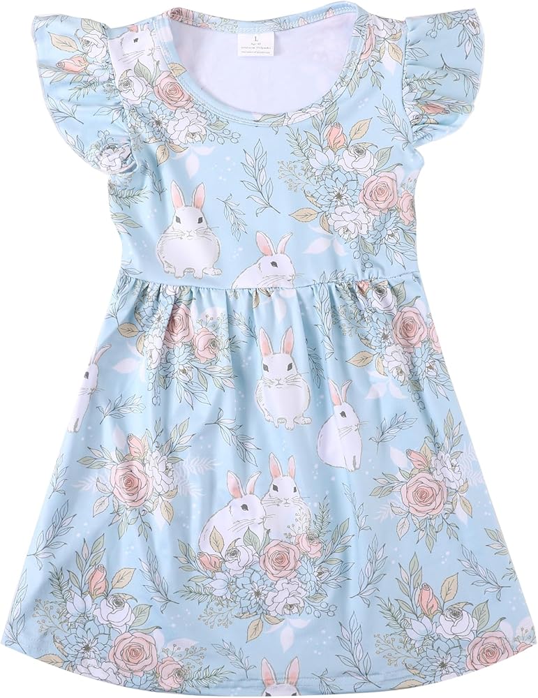 Toddler Girls Easter Dress Bunny Rabbit Easter Egg Print Dresses Flutter Sleeve 3-8Y