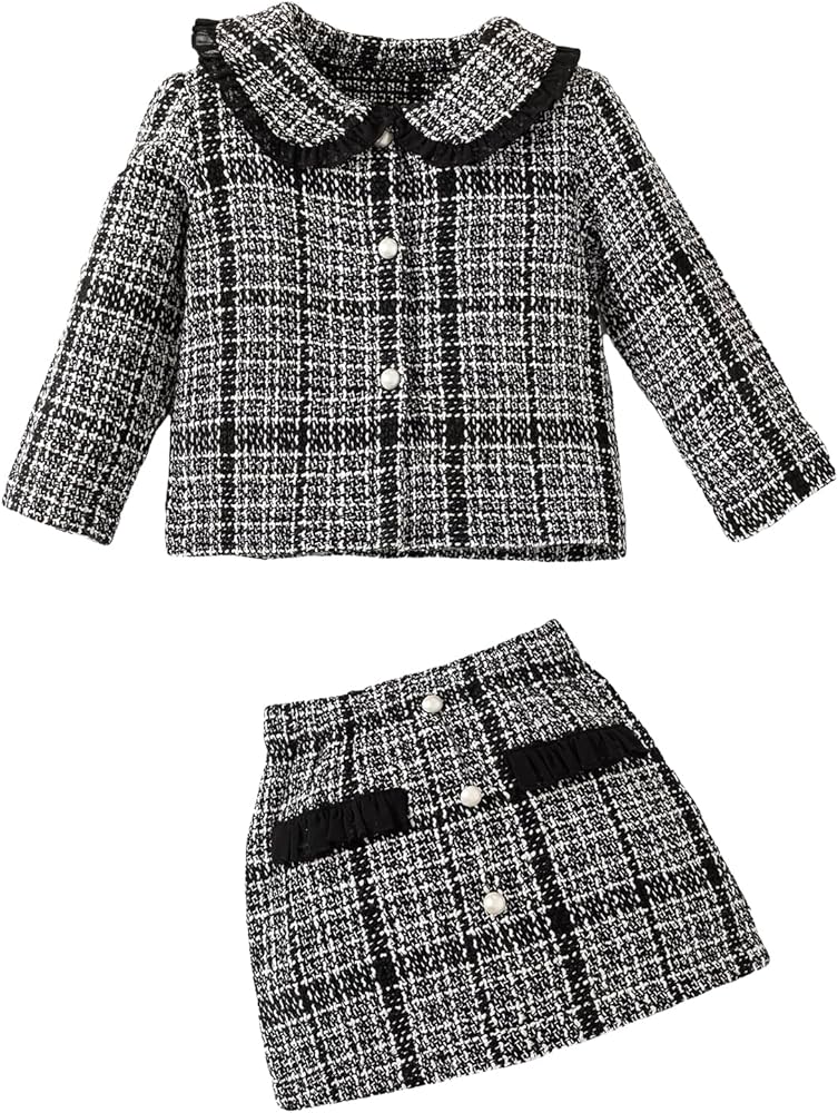 OYOANGLE Girl's 2 Piece Outfits Tweed Plaid Print Long Sleeve Button Down Jacket and Mini Skirt Sets