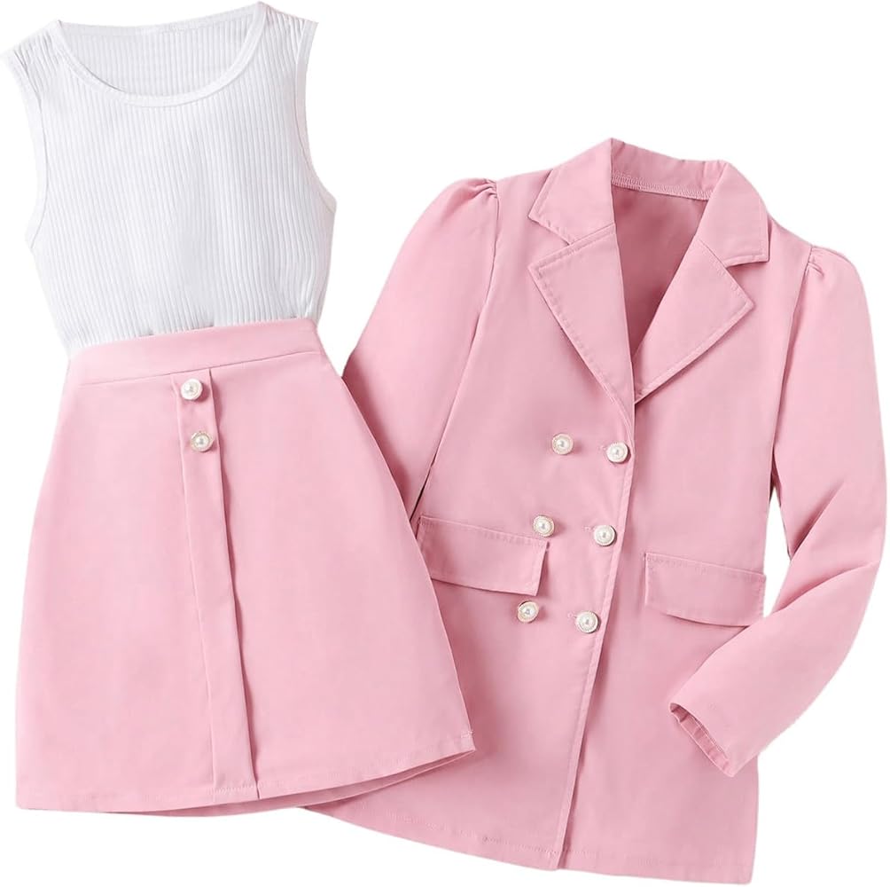 Milumia Girl's 4 Piece Outfits Knit Top Mini Skirt and Blazer Jacket with Hats