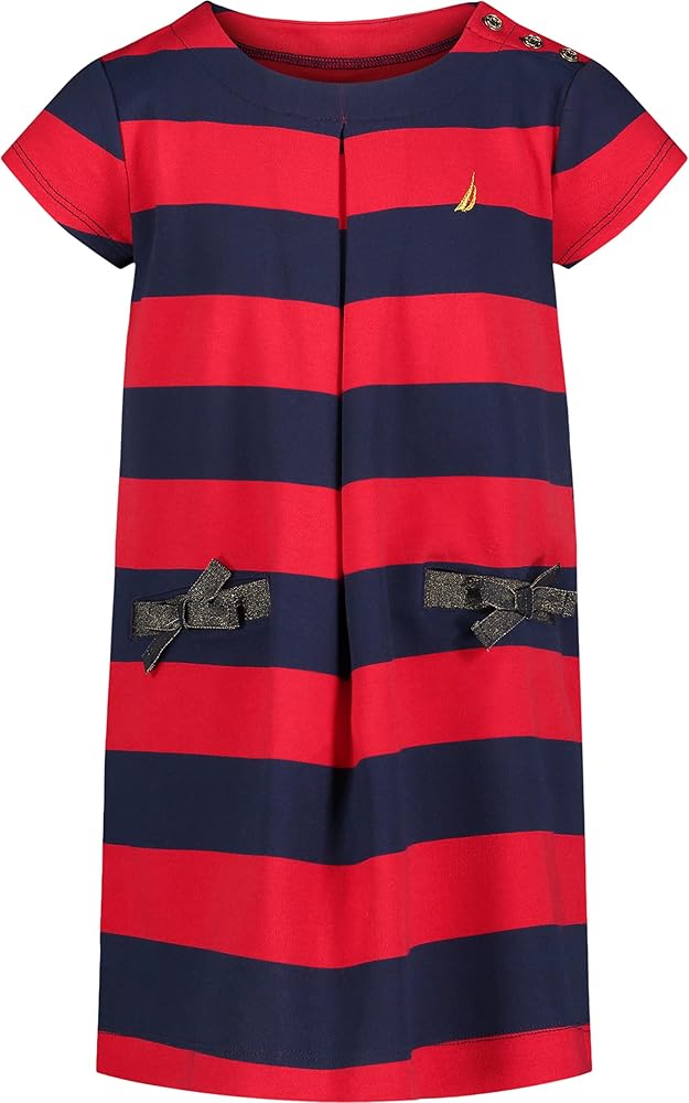 Nautica One Size Girls' Short Sleeve Striped Pleat Dress