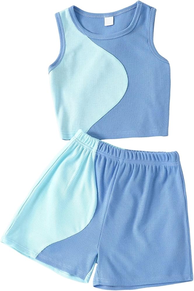 Verdusa Girl's 2 Piece Workout Outfit Colorblock Crop Tank Top and Short Sets