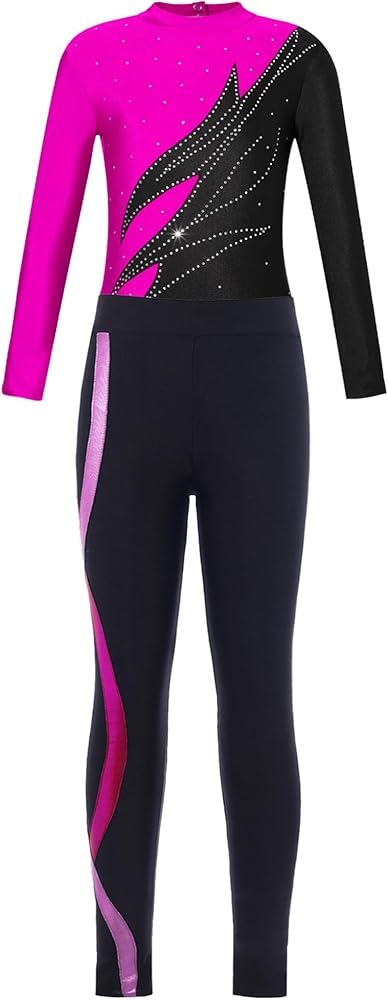 Kids 2pcs Tracksuit Girls Shiny Long Sleeve Gymnastics Leotard with Athletic Leggings Set Performance Dancewear