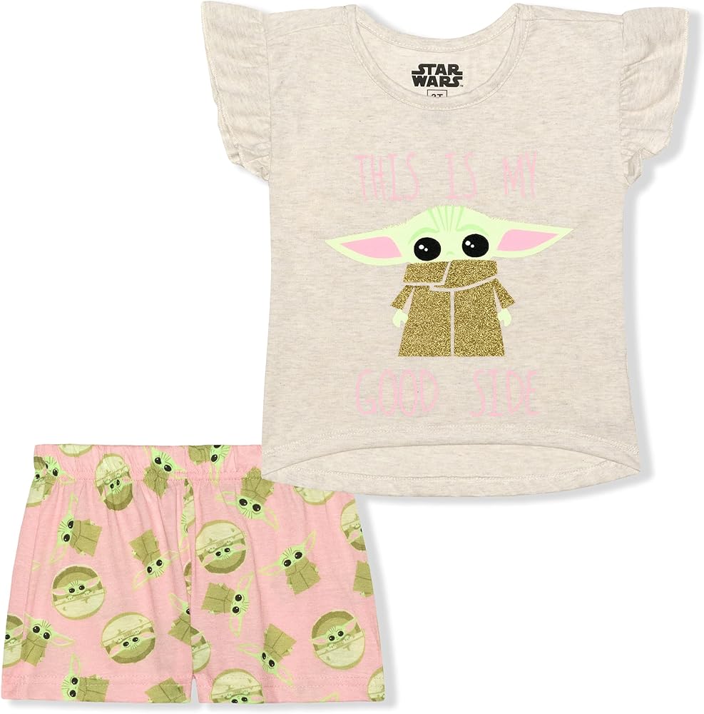 STAR WARS Grogu Girls’ T-Shirt and Short Set for Infant and Toddler – Pink/Beige