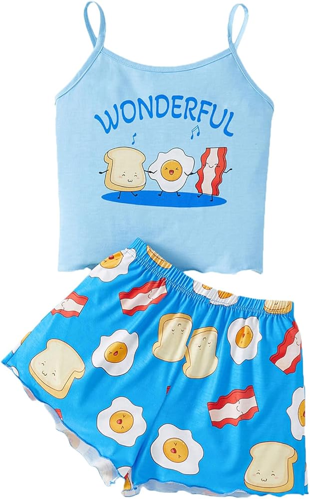 SHENHE Girl's 2 Piece Outfits Cute Cartoon Graphic Ruffle Trim Tank Top and Printed Shorts Set Preppy Clothes