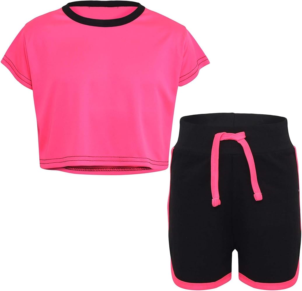 A2Z 4 Kids Black and Neon Crop Top and Shorts Set Contrast Short Sleeves T Shirt Summer 2 Piece Outfit Girls Boys Age 5-13