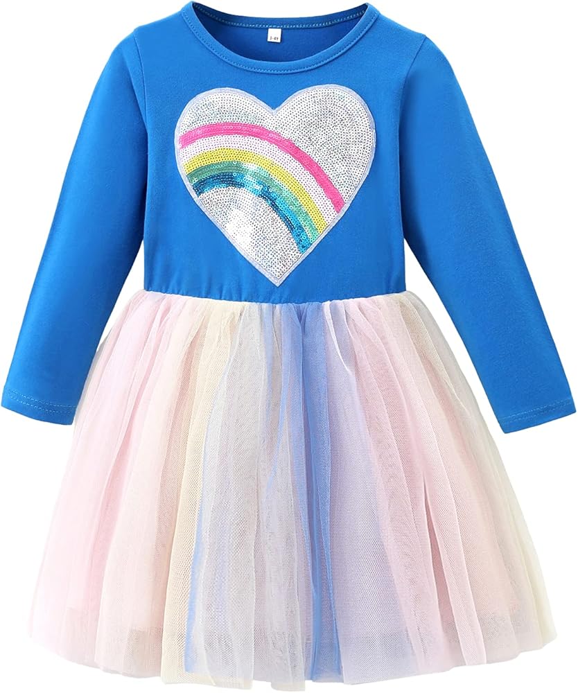 Toddler Girl Tutu Dress Long Sleeve Rainbow Tulle Casual Unicorn Dresses for Girls 3-8 Years