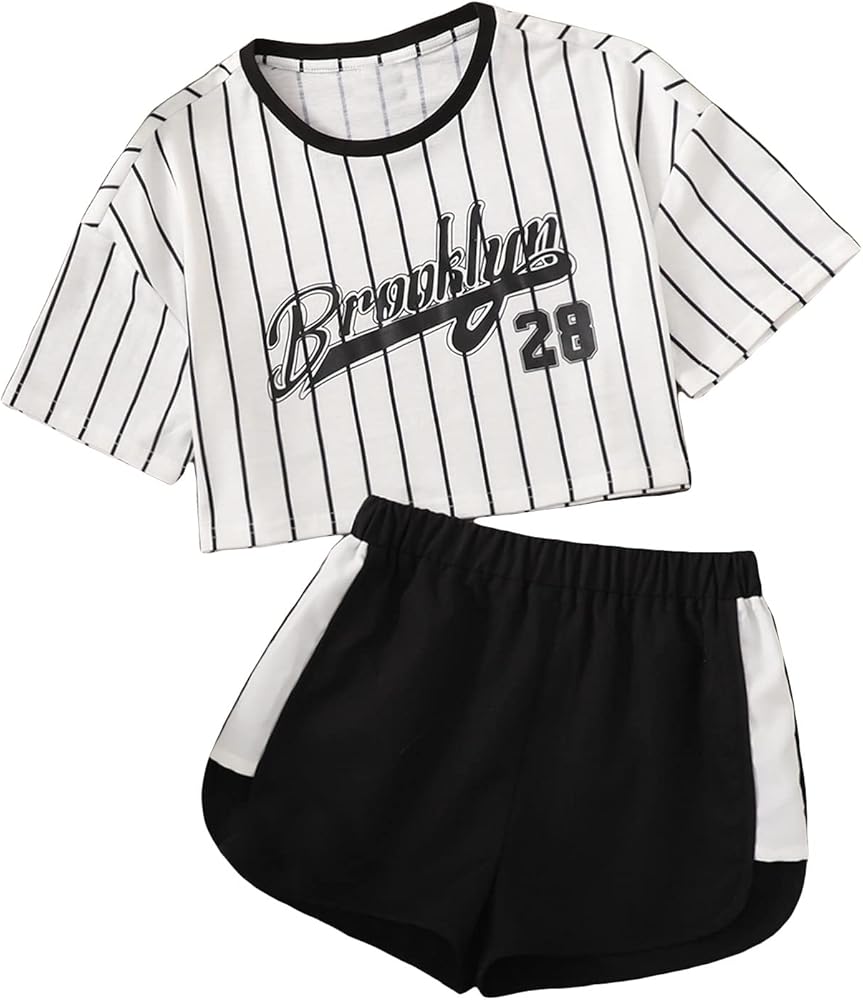 WDIRARA Girl's 2 Piece Outfits Striped Letter Print Short Sleeve Crop Top and Shorts Set