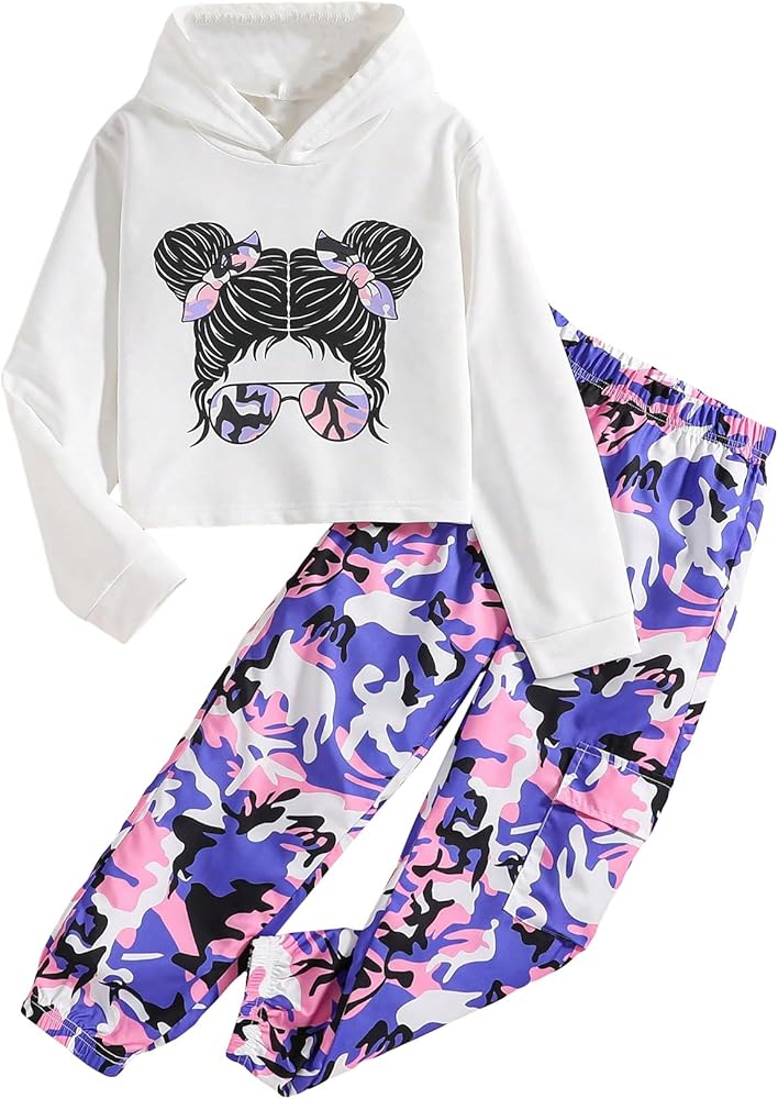 OYOANGLE Girl's 2 Piece Outfits Graphic Long Sleeve Hood Pullover Sweatshirt and Print Pant with Pocket