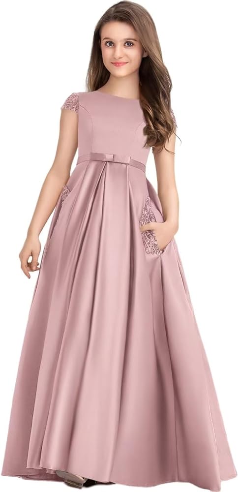 Princess Long Lace Satin Junior Bridesmaid Dress Flower Girl Dress