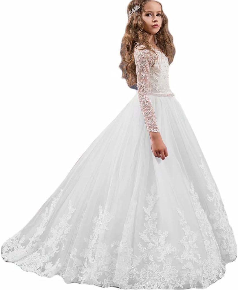 A Line Princess Ball Gown First Communion Dress for Girls 2-14 Years Old Long Sleeves Small Train