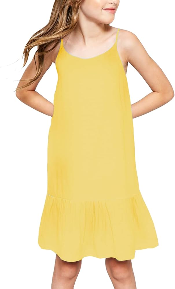 Deerose Girls Ruffle Spaghetti Strap Dress Yellow Cotton Holiday Casual Beach Sundress 11-12 Years