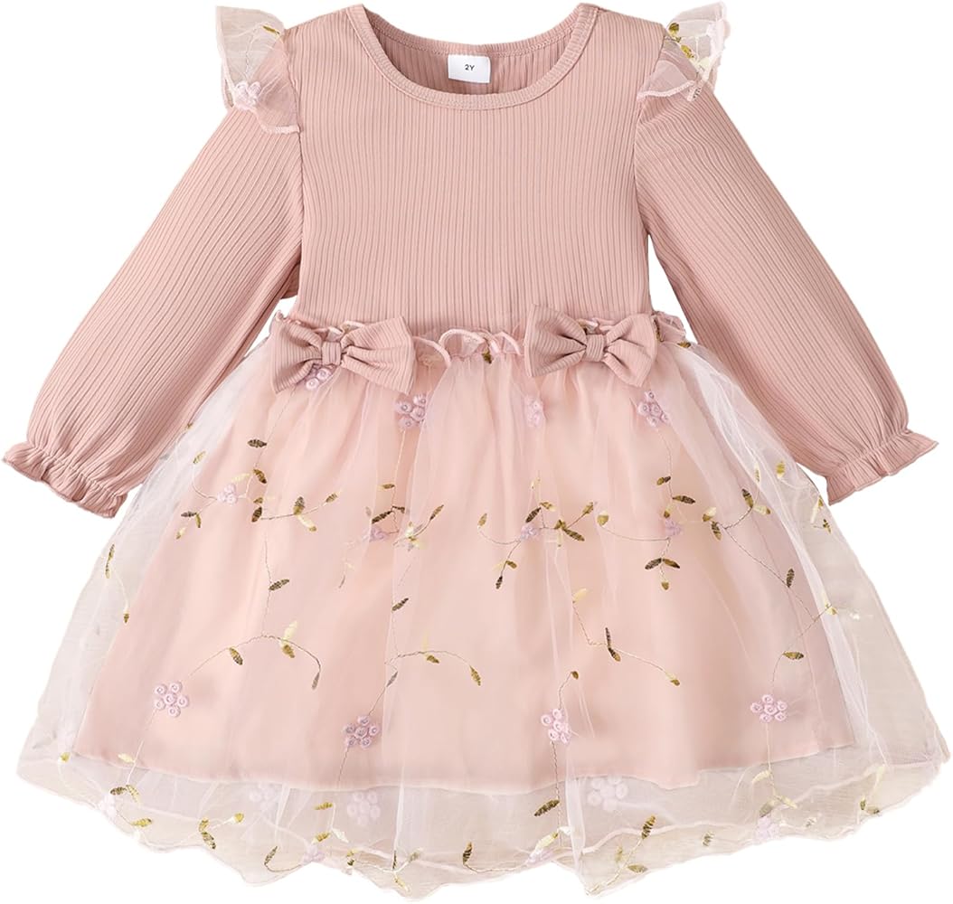 PATPAT Toddler Girl Dress: Long Sleeve Mesh Tutu Skirt with Floral&Bowknot, Party Dresses,18-24 Months to 5-6 Years