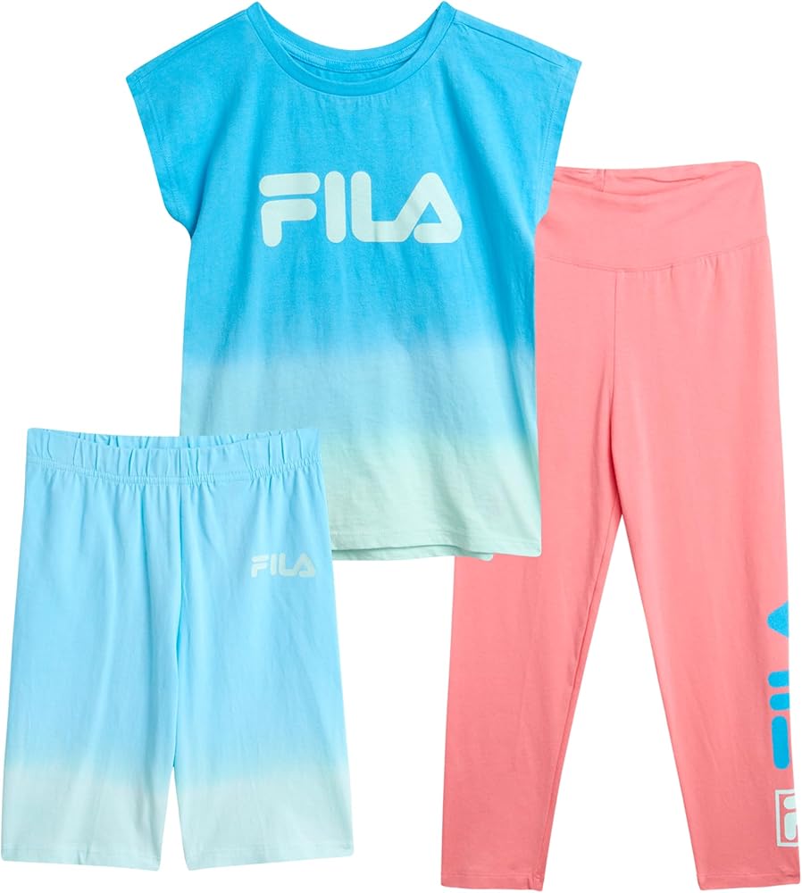 Fila Girls' Active Leggings Set - 3 Piece Performance T-Shirt, Yoga Pants, and Bike Shorts - Activewear Set for Girls (S-XL)