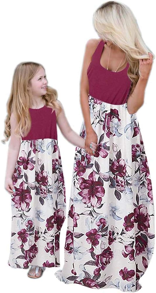 Mommy and Me Dresses Floral Print Stitching Maxi Dress Family Matching Sleeveless Long Boho Sundress