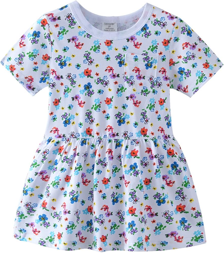 Kids Girls Summer Cotton Cute Animal Print Short Sleeve Casual Dress for Toddler