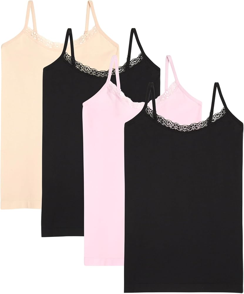 Girls' Undershirts - 4 Pack Seamless Stretch Cami Tank Top - Sleeveless Camisole Undershirt for Girls (S-L)