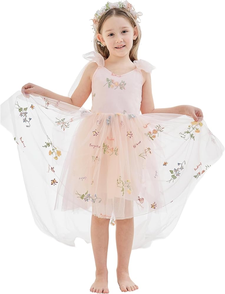 Flower Girl Dress Floral Embroidered Tulle Bow Tie Dresses for Wedding Garden Party Girl's Fairy Dresses 6M-14Y