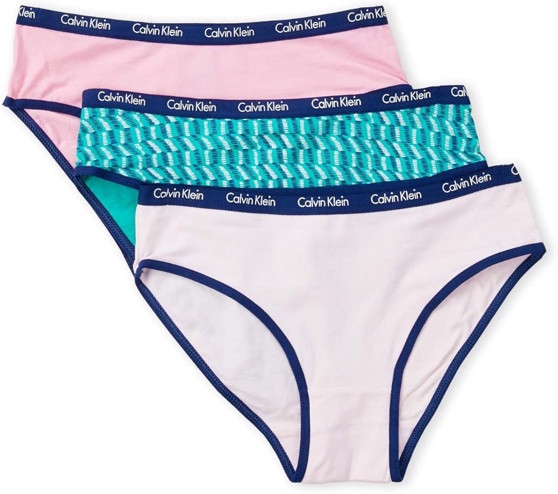 Calvin Klein Girls' 3 Pack Chrome Fashion Bikini Briefs, (Pale Pink (37D37028-99) / Pink/Green, Small)