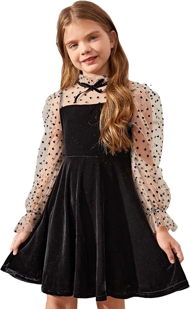 WDIRARA Girl's Heart Print Mesh Flounce Long Sleeve Bow Front A Line High Waist Party Dress