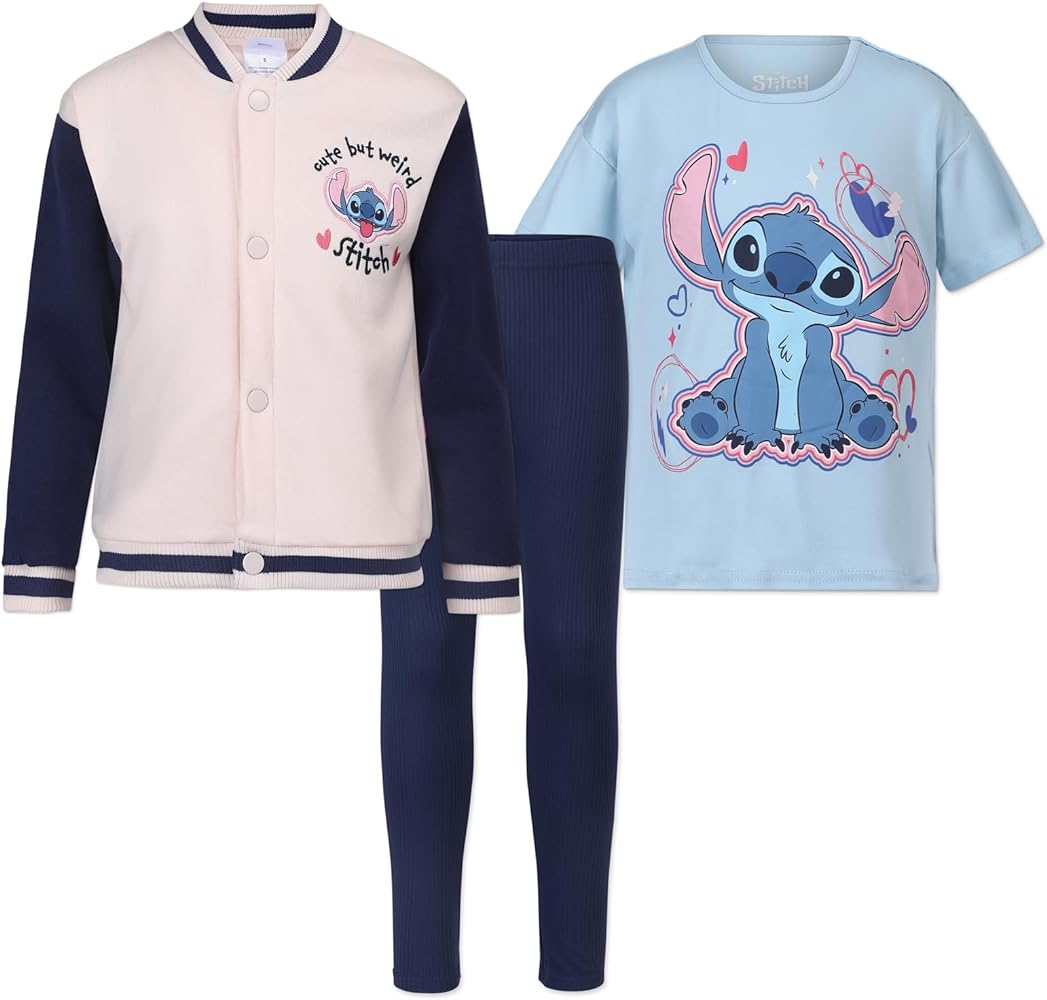 Disney Lilo and Stitch Girls Bomber Jacket, T-Shirt and Legging Set for Toddlers and Big Kids – Blue/Beige/Navy