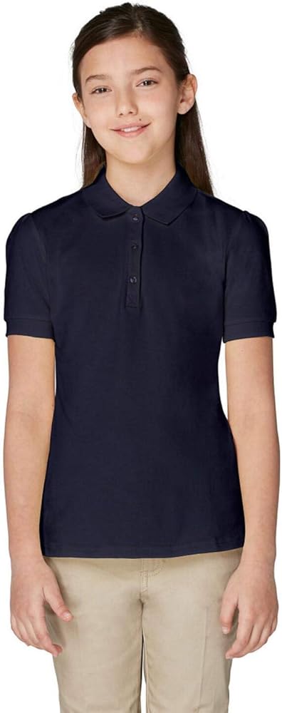 French Toast Girls Size' Short Sleeve Stretch Pique Polo Shirt (Standard, Navy, 10-12 Plus