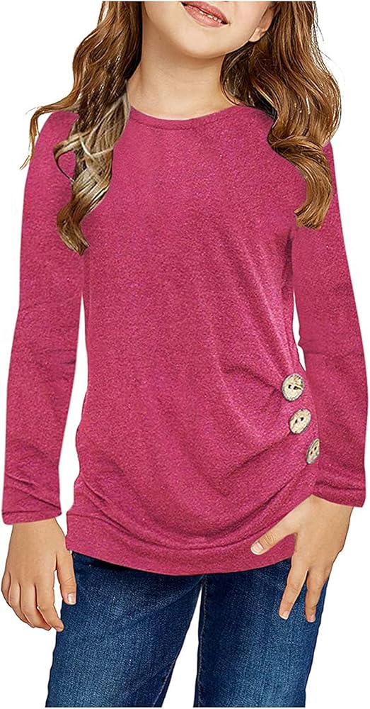 Girls Blouse Casual Tunic Tops Knot Front Button Long Sleeve Casual Loose Solid T-Shirt Tee Teen Girls Fall Clothes, Hot Pink-b, 6-7 Years