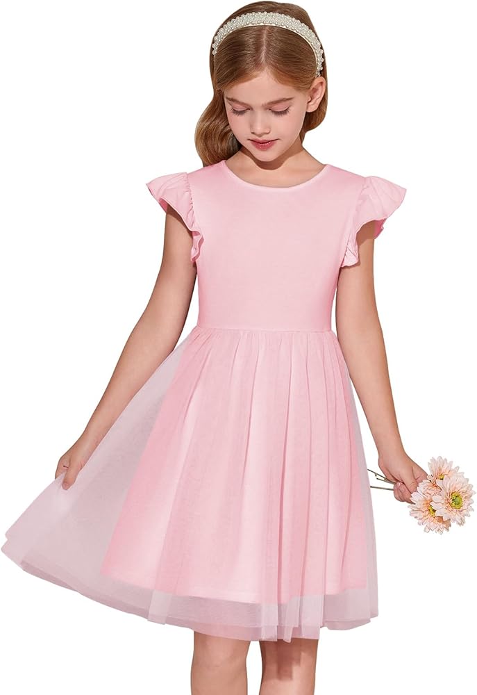 Haloumoning Girls Tutu Dress Ruffle Short Sleeve Fluffy Summer Party Tulle Dress for Kids 5-14Y