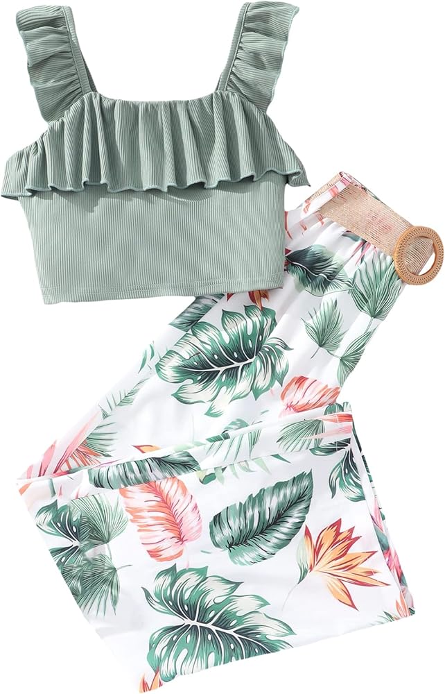 WDIRARA Girl's 2 Pcs Outfit Ruffle Trim Rib Knit Sleeveless Crop Top Tropical Print Pants