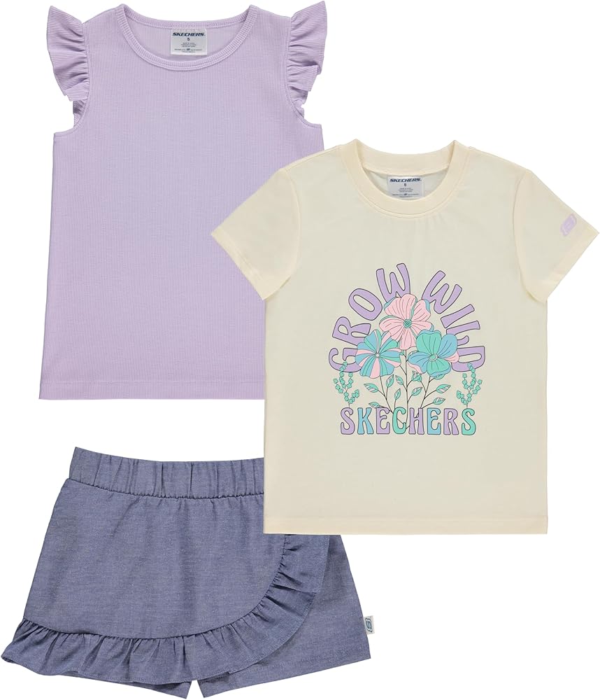 Skechers Girls 3 Piece Sets-2 Tees and Matching Short Set Top and Bottom Matching Set