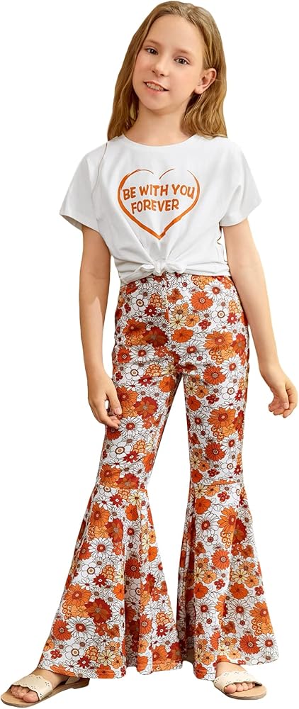 OYOANGLE Girl's 2 Piece Outfits Short Sleeve Twiss Front T Shirt and Floral Flare Bell Bottom Pants Sets