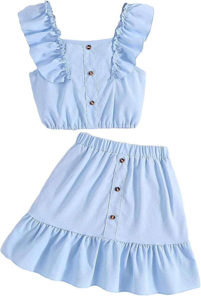 Girl's 2 Piece Solid Sleeveless Square Neck Ruffle Trim Camisole Top and Skirt Sets