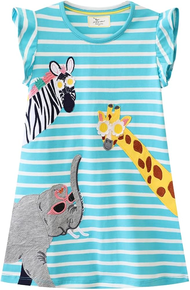 Hongshilian Toddler Girls Casual Cotton Dress Cartoon Appliques Short Sleeve Summer Playwear Dresses