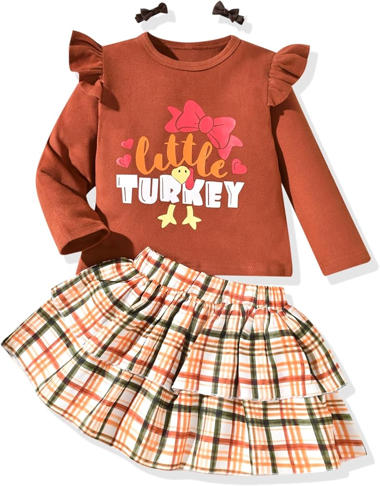 HIHA Toddler Girl Thanksgiving Christmas Outfit Holiday Clothes Long Sleeve Shirts Skirt Set 3PCS Clothing