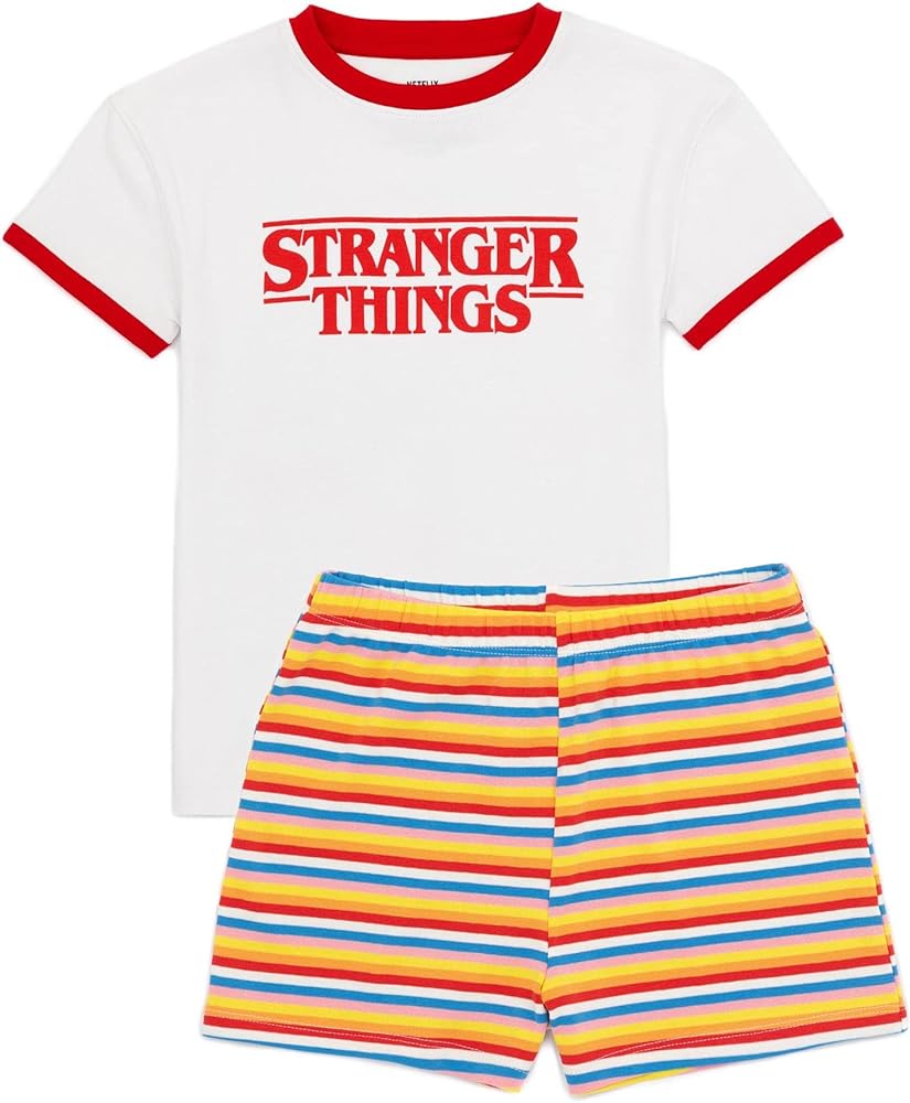 Stranger Things Kids T-Shirt & Shorts Daywear Set | Girls Max Character Striped Shorts White T-Shirt Outfit Netflix Series