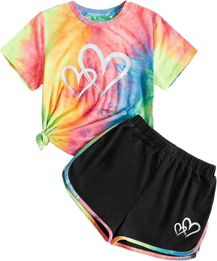 SweatyRocks Girl's 2 Piece Outfit Tie Dye Graphic Print Short Sleeve Tees and Track Shorts Clothing Set