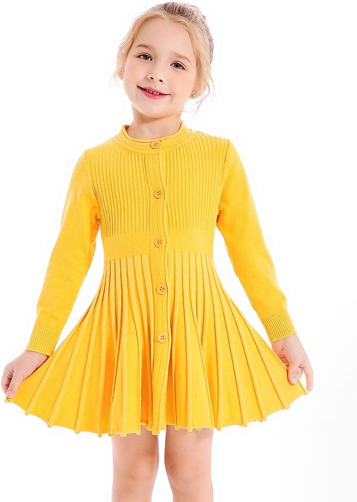 SMILING PINKER Little Girls Pleated Dress School Uniform Long Sleeve Button Front Knit Sweater Dress