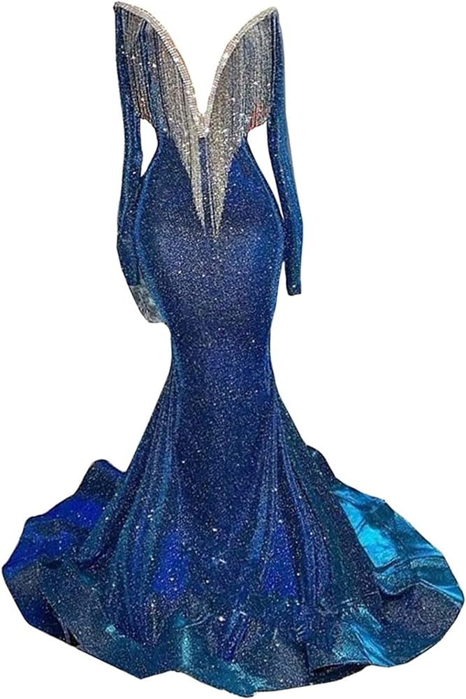 Keting Blue Shiny Tassels Sequined Mermaid Prom Shower Evening Party Dress Celebrity Pageant Gown