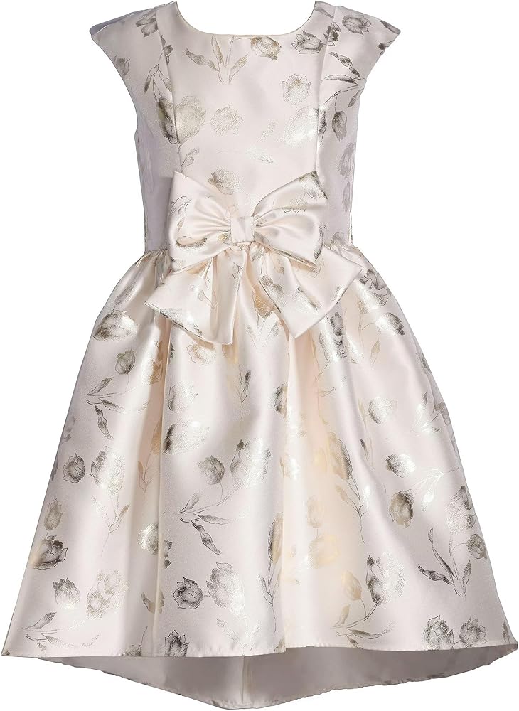 Bonnie Jean Girls 4-16 Ivory Foiled Floral Mikado Bow Front High-Low Dress