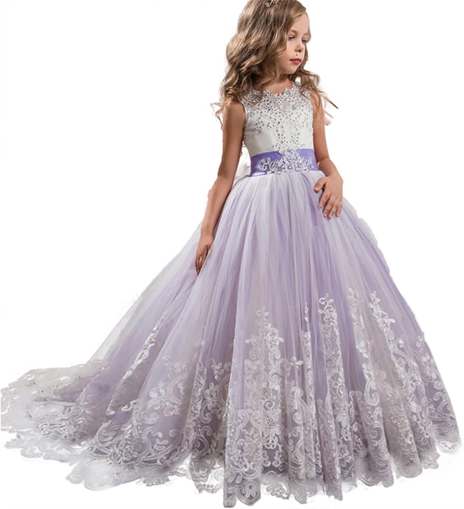 Girl Frilly Dress Backless Wedding Embroidery Birthday Floor Length Tulle Prom Ball Gown