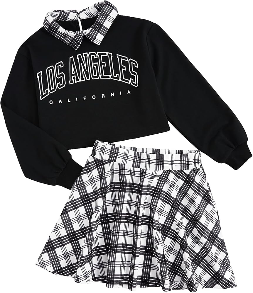 SOLY HUX Girl's 2 Piece Outfits Letter Print Long Sleeve Pullover Cute Sweatshirt Top and Plaid Mini Skirt Set