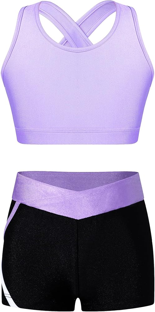 dPois Kids Girls 2 Pieces Dance Outfit Gymnastics Crop Tank Sleeveless Shiny Tops Sport Bra and Shorts Set Tracksuit