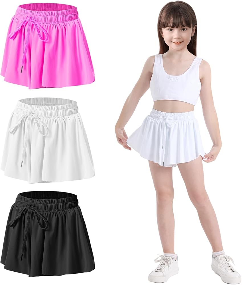 3 Pack Girls Flowy Shorts with Spandex Liner Athletic 2 in 1 Youth Butterfly Skirt Shorts for Fitness, Running, Sports