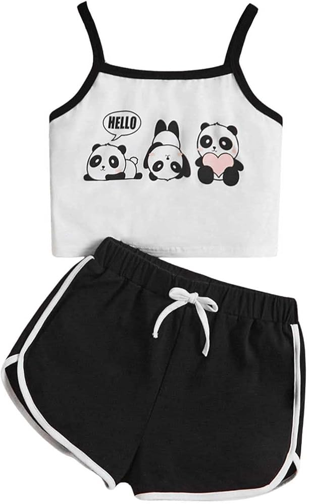 SHENHE Girl's 2 Piece Summer Outfits Short Sleeve Graphic Tees Cami Top and Shorts Set