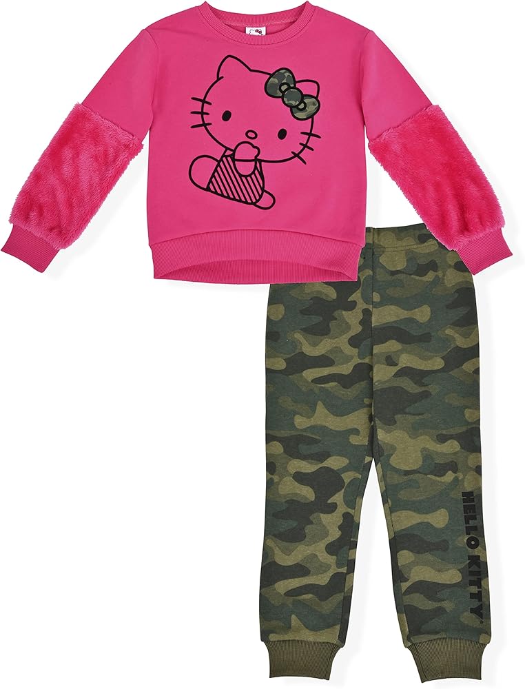 Hello Kitty Girls Jogger Set 2 Piece Fleece Crew Neck Sweatshirt and Jogger Sweatpants (Fuchsia, 12)